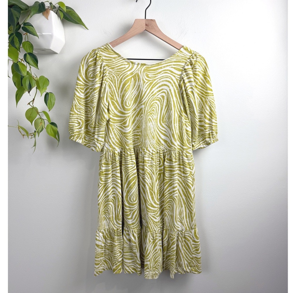 Daily Practice Anthropologie Green Abstract Puff Sleeve Cutout Dress SP Boho